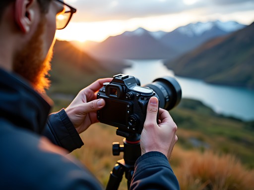 Photographer demonstrating camera settings for bear photography