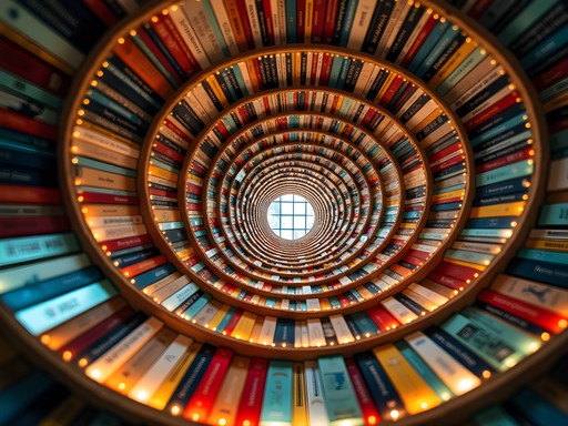 Spiral bookshelves in BookXcess at REX KL with dramatic architectural composition
