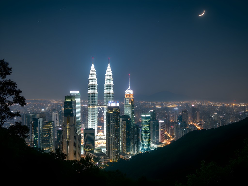 Kuala Lumpur skyline at night with visible stars and moon from KL Forest Eco Park