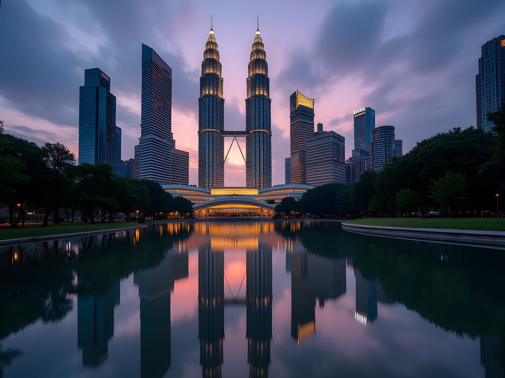 Petronas Twin Towers reflecting in KLCC Park lake at sunset