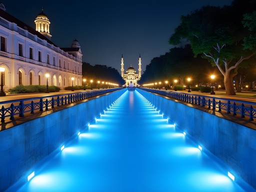Blue illuminated River of Life project in Kuala Lumpur at night with historic buildings