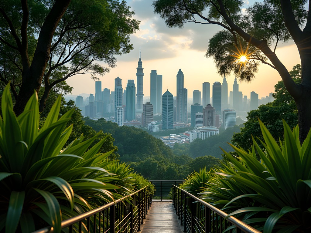 View of Kuala Lumpur skyline from forest canopy walkway in Bukit Nanas Forest Reserve