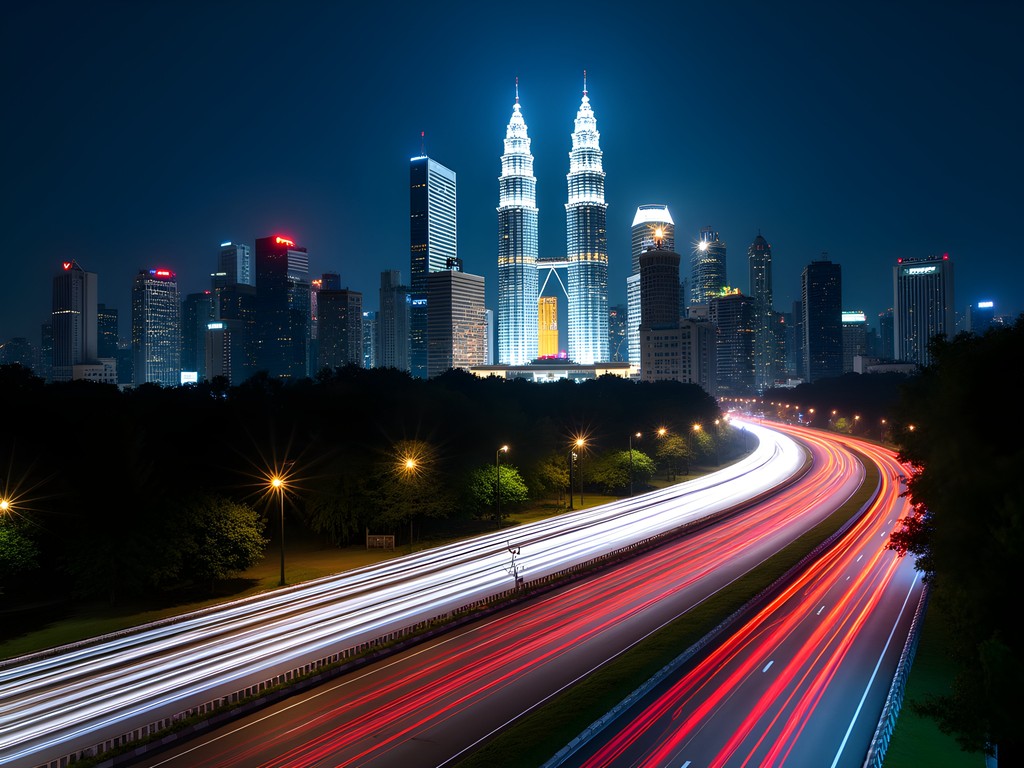 Long exposure photograph of light trails on Kuala Lumpur highway with illuminated skyline