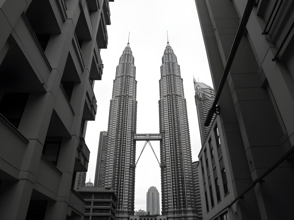 Creative framing of Petronas Twin Towers through urban landscape elements