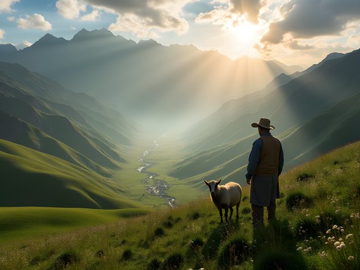 Sunrise landscape of Hazrati Shoh mountains near Kulob with shepherd