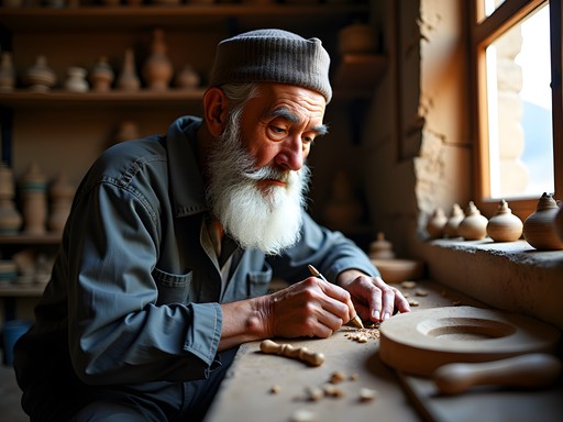 Elderly Tajik craftsman in traditional workshop in Kulob