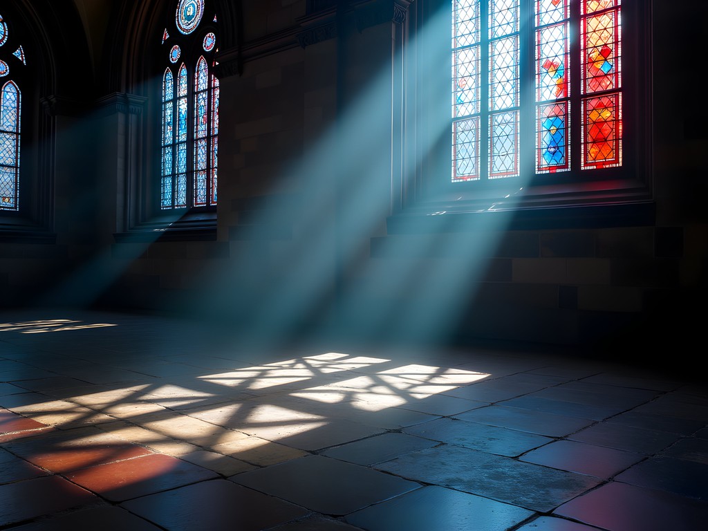 Colored light patterns from stained glass windows inside La Plata Cathedral