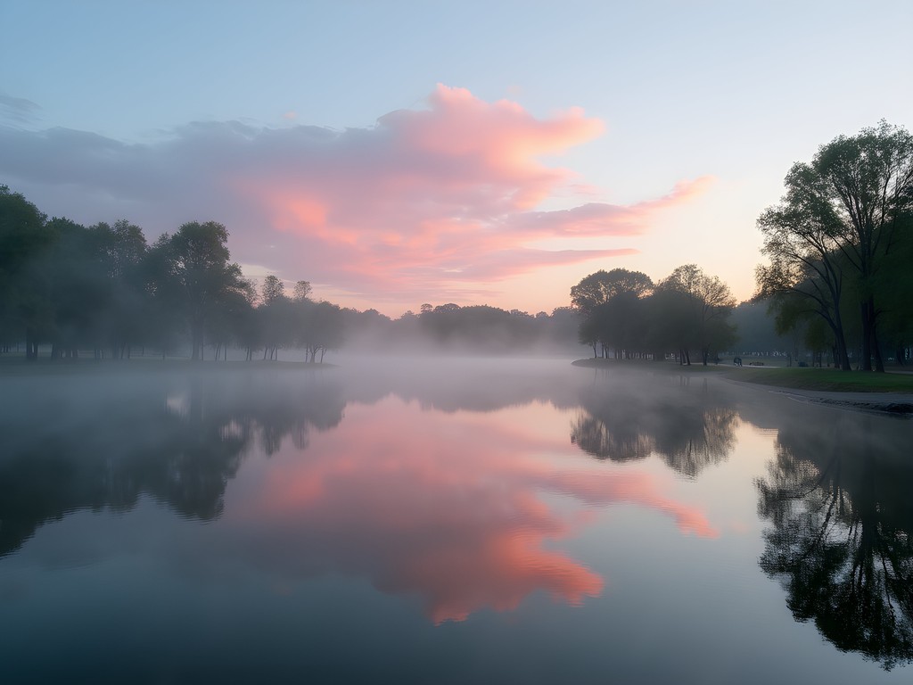 Dawn reflection photography at Paseo del Bosque lake in La Plata