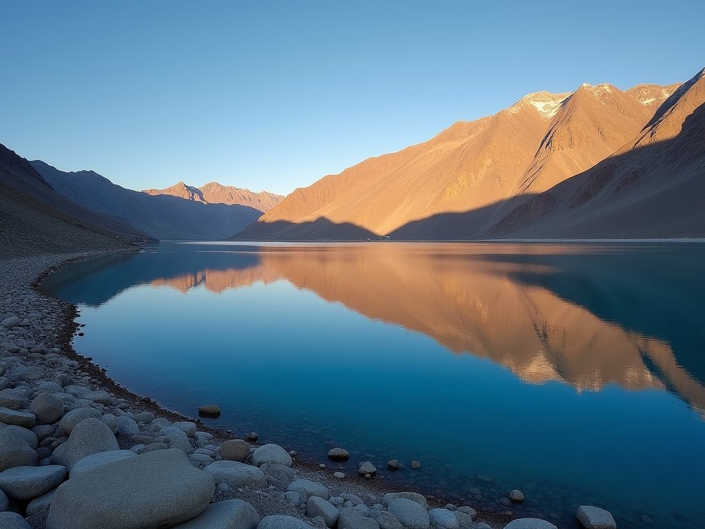 Sunrise over Pangong Tso lake in Ladakh with dramatic mountain reflections