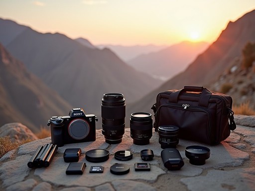 Photography gear laid out against dramatic Ladakh mountain backdrop