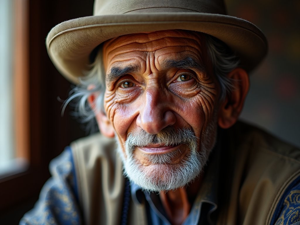Portrait of elderly Ladakhi man in traditional dress with weathered features in warm light