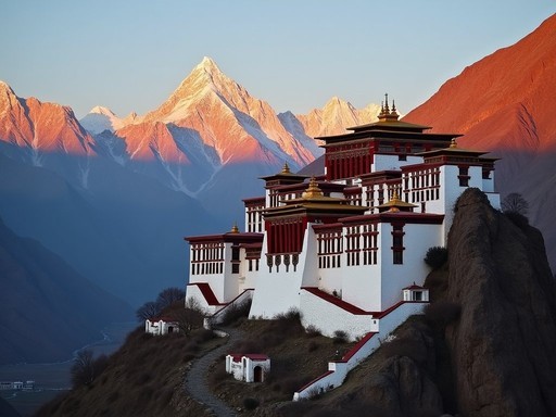 Thiksey Monastery bathed in golden sunrise light against dramatic mountain backdrop