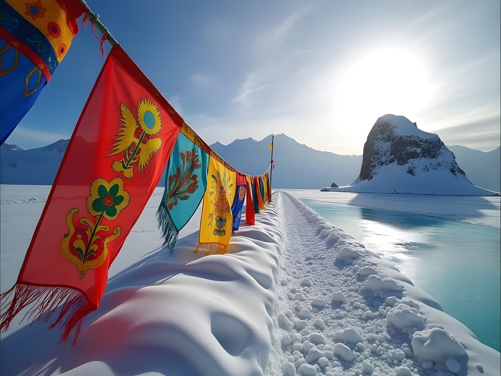 Colorful Buryat prayer flags against frozen Lake Baikal landscape