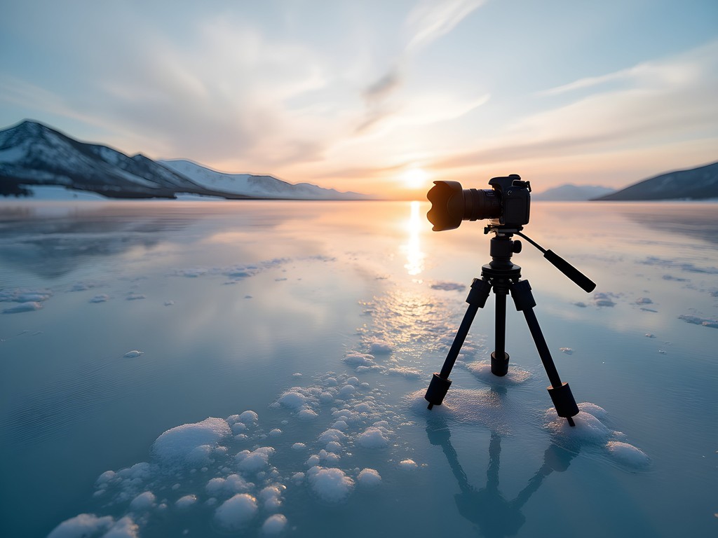 Photography equipment set up on transparent ice of Lake Baikal