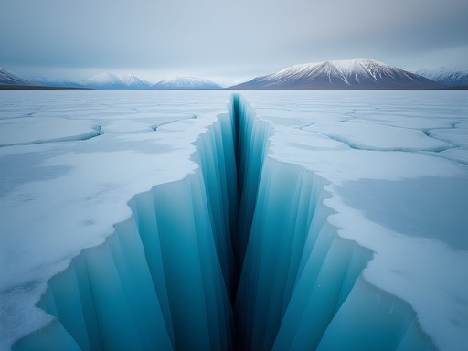 Dramatic perspective of ice crack stretching across Lake Baikal
