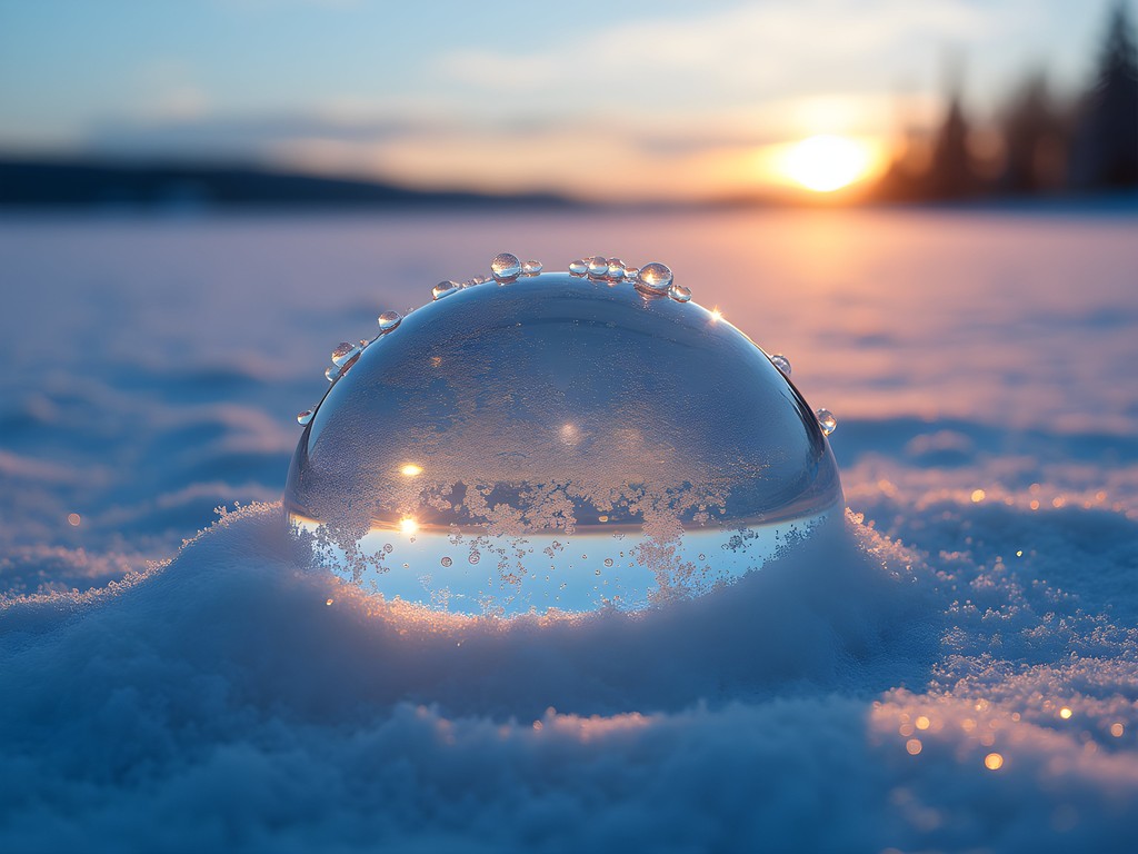 Methane bubbles frozen in transparent Lake Baikal ice at sunrise