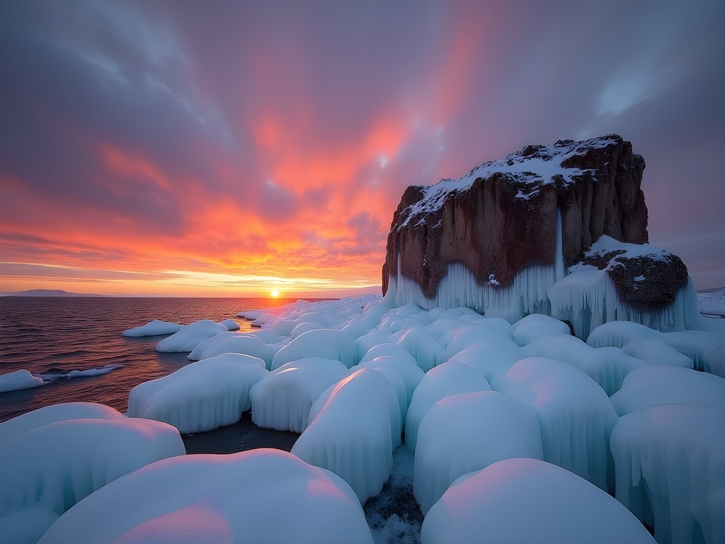 Shamanka Rock on Olkhon Island at sunset with dramatic ice formations