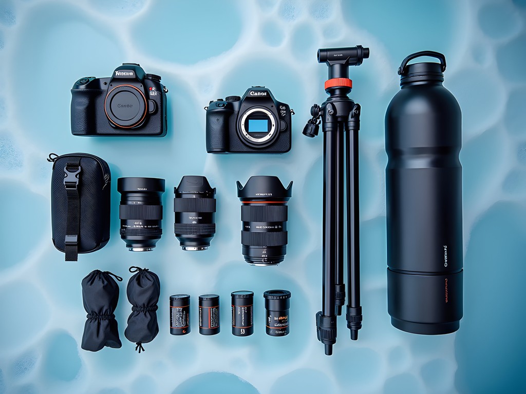 Photography equipment arranged on frozen blue ice of Lake Baikal