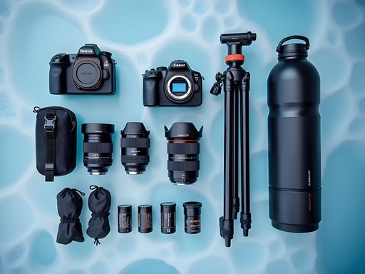 Photography equipment arranged on frozen blue ice of Lake Baikal