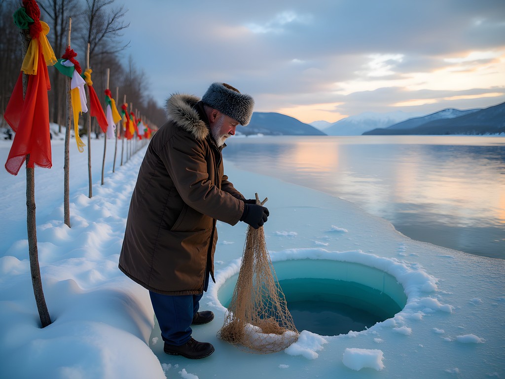 Traditional Buryat ice fishing on frozen Lake Baikal with prayer flags