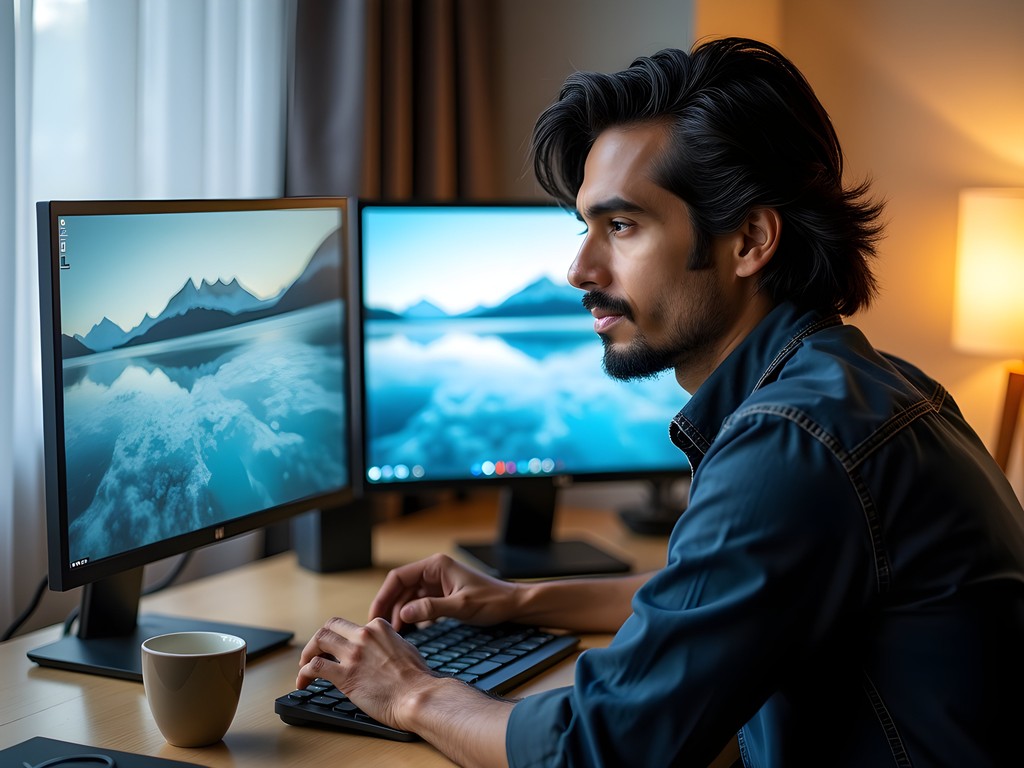 Photographer editing Lake Baikal ice photos on computer in home studio