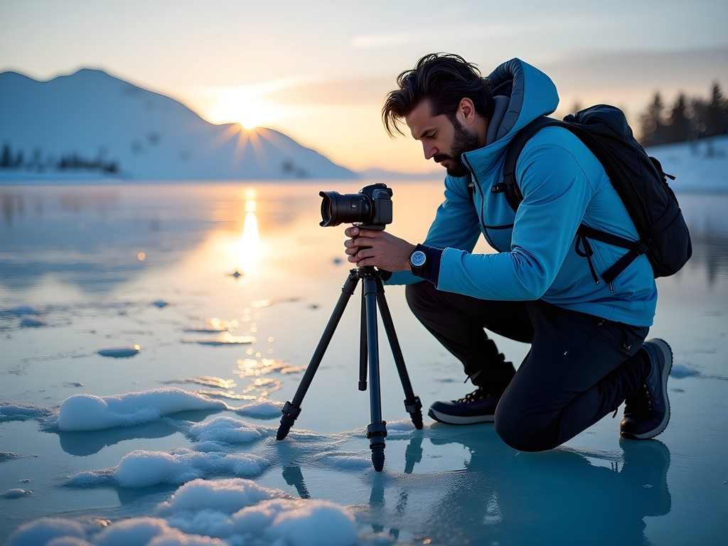 Photographer capturing methane bubbles in clear ice on Lake Baikal at sunrise