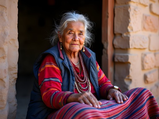Elderly Peruvian weaver creating traditional textiles with Lake Titicaca in background