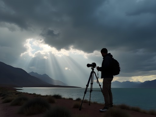 Photographer silhouetted against dramatic stormy skies over Lake Titicaca mountains