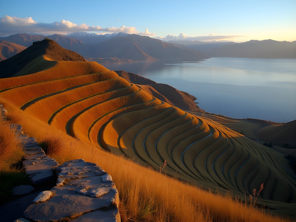 Terraced hillsides of Taquile Island with panoramic view of Lake Titicaca