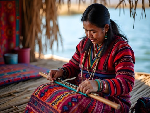 Uros woman weaving colorful textiles on floating reed island of Lake Titicaca
