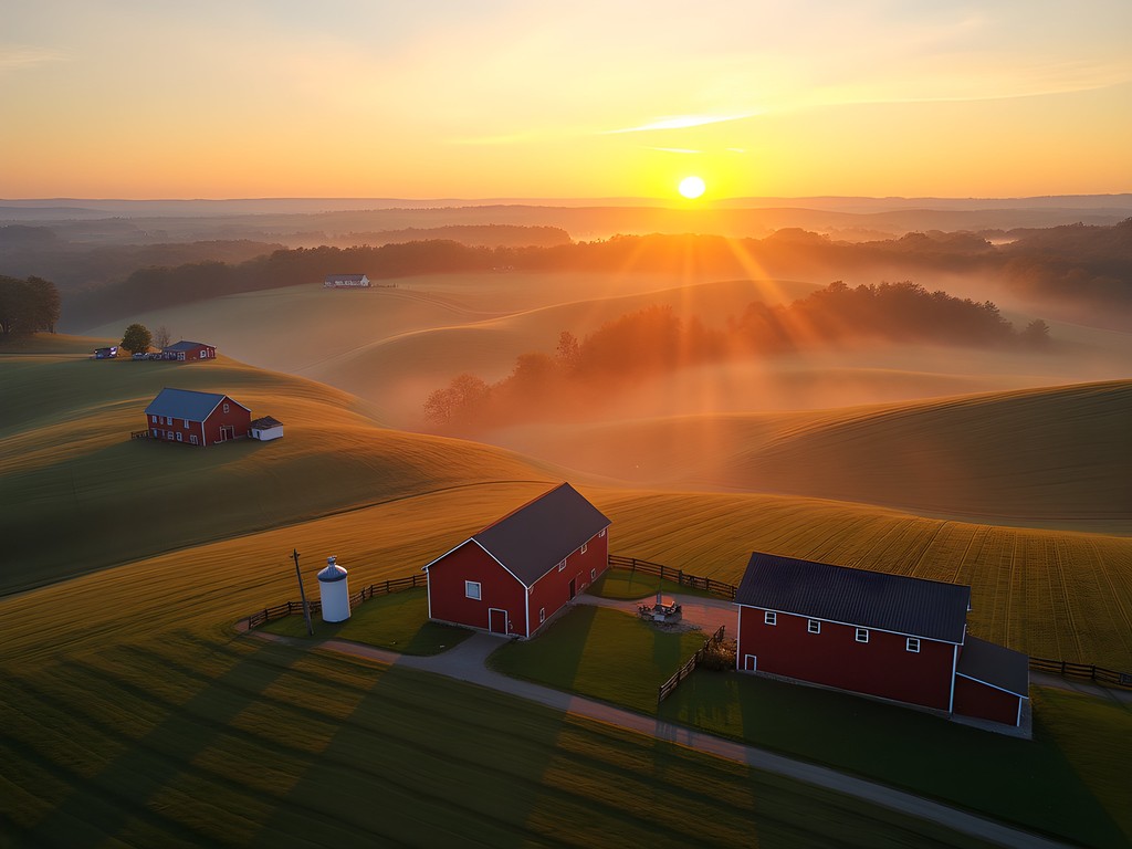 Rolling Amish farmland at sunrise with patchwork fields and traditional farm buildings in Lancaster County