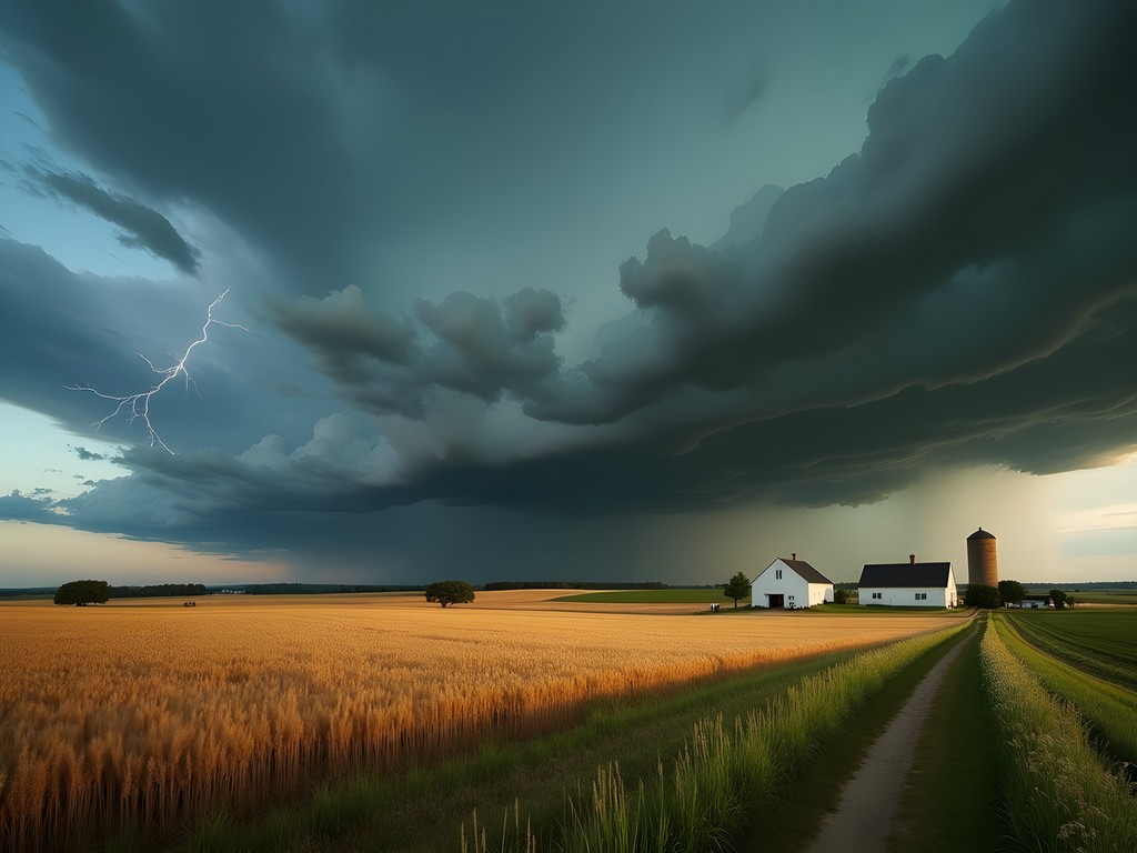 Dramatic thunderstorm clouds approaching Amish farmland in Lancaster County with golden wheat field in foreground