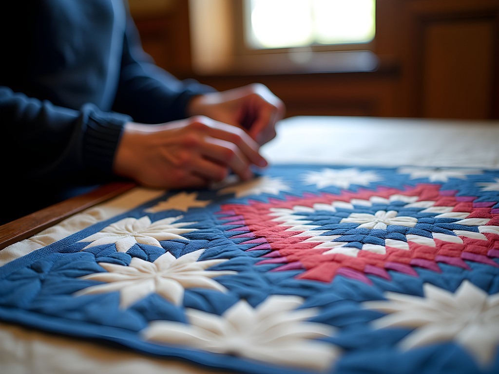 Close-up of traditional quilting process showing intricate handwork at Lancaster County craft shop