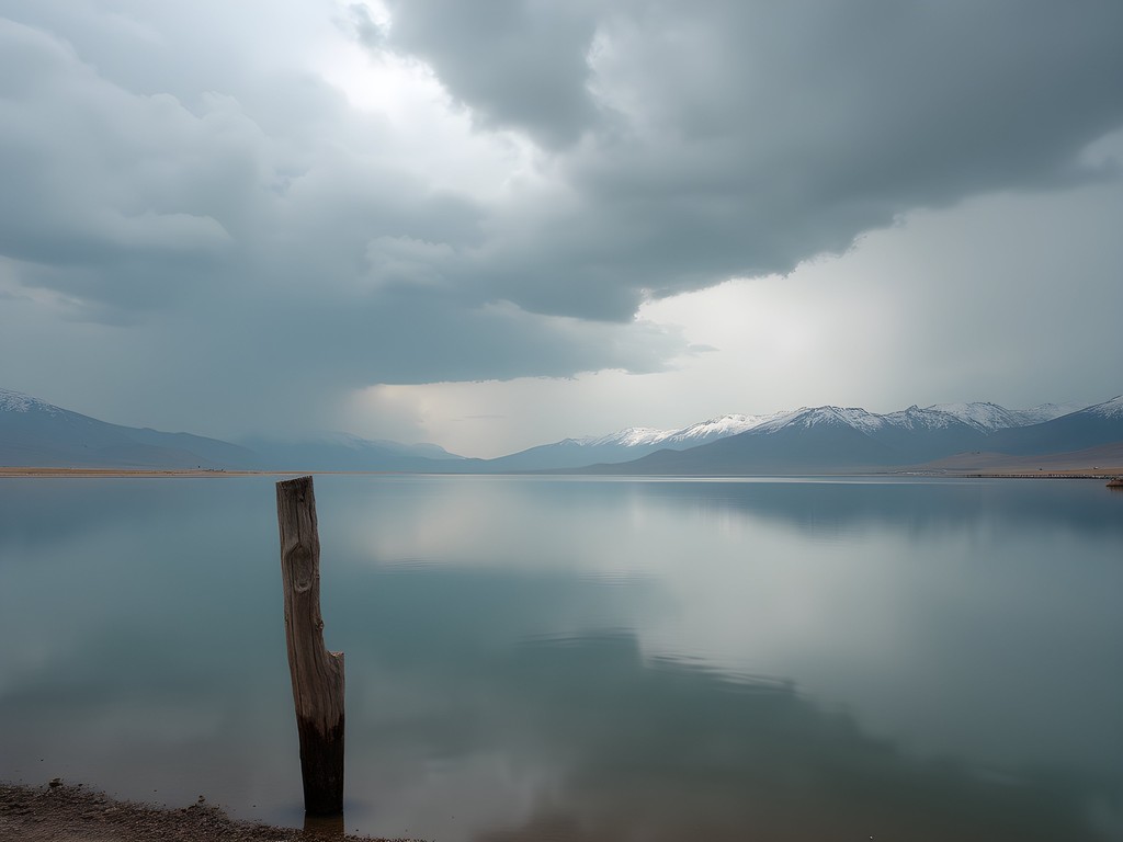 Minimalist landscape photograph of Great Salt Lake with storm clouds and mirror reflections near Layton Utah