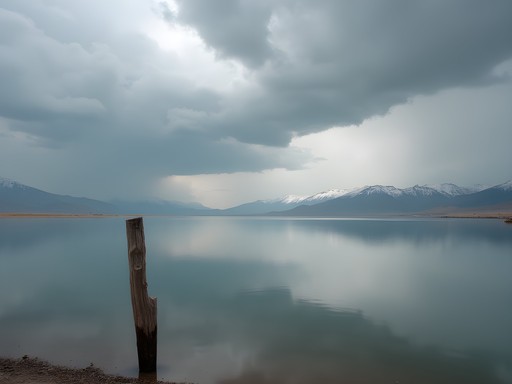 Minimalist landscape photograph of Great Salt Lake with storm clouds and mirror reflections near Layton Utah