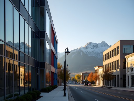 Architectural photography of modern building facades reflecting Wasatch Mountains in downtown Layton Utah