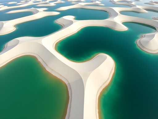 Abstract aerial patterns of Lençóis Maranhenses showing intricate dune formations and lagoons