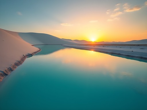Golden hour light illuminating Lençóis Maranhenses lagoons with perfect reflections