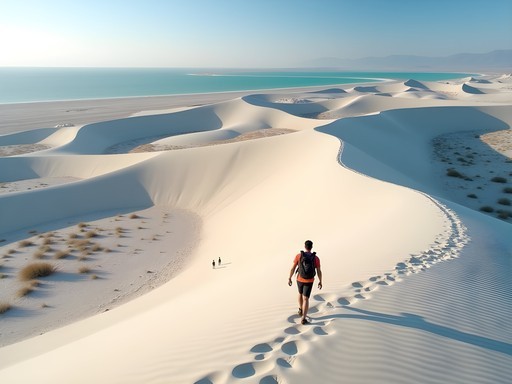 Photographer hiking through remote dunes of Lençóis Maranhenses with guide