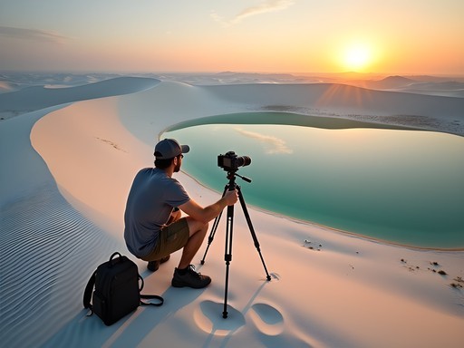 Photographer capturing sunset over Lençóis Maranhenses lagoons with professional camera setup