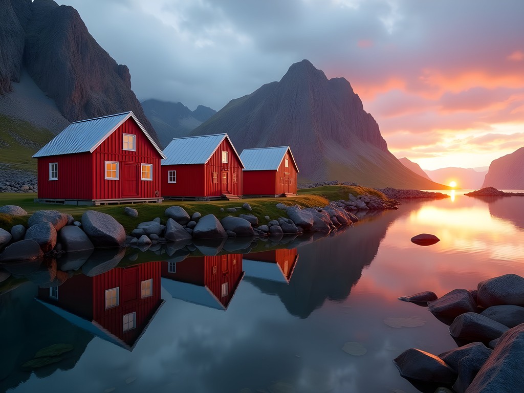 Midnight sun illuminating red rorbuer fishing cabins in Hamnøy, Lofoten Islands