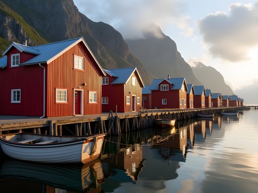 Traditional red fishing cabins in Nusfjord village at morning light, Lofoten Islands