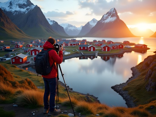 Photographer capturing Reine village from mountain viewpoint in Lofoten