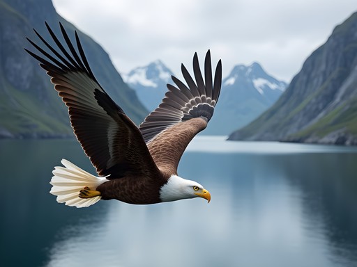 White-tailed sea eagle hunting above Lofoten fjord with mountains in background