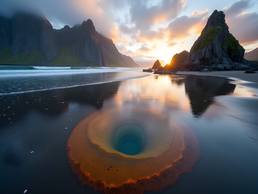 Tide pools at Uttakleiv Beach in Lofoten Islands during sunset