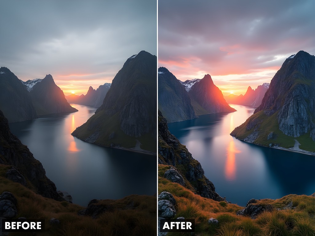 Before and after post-processing comparison of midnight sun photograph in Lofoten