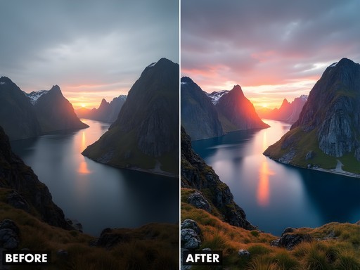 Before and after post-processing comparison of midnight sun photograph in Lofoten
