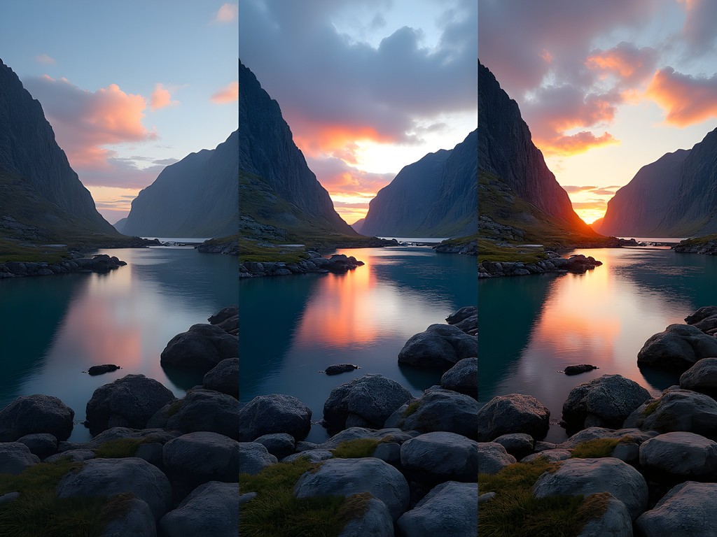 Exposure bracketing demonstration for midnight sun photography in Lofoten