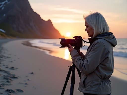 Photographer capturing midnight sun at Haukland Beach in Lofoten Islands
