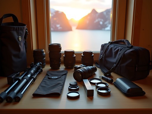 Essential photography equipment for midnight sun photography laid out with mountains in background